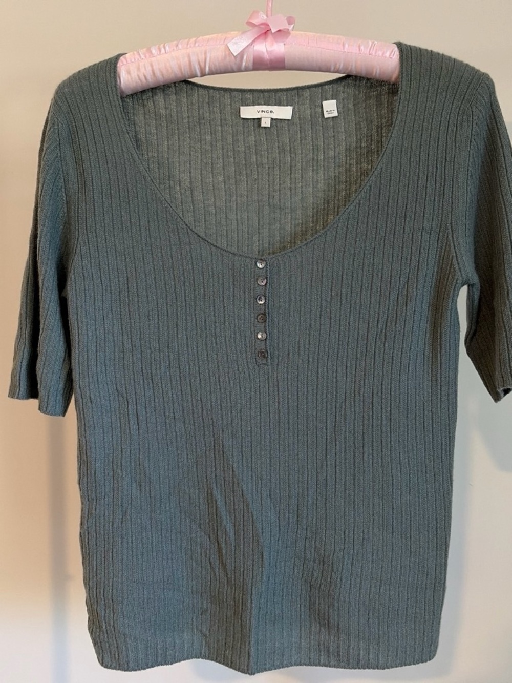 Vince Slate Green Ribbed Scoop Neck Short Sleeve Top